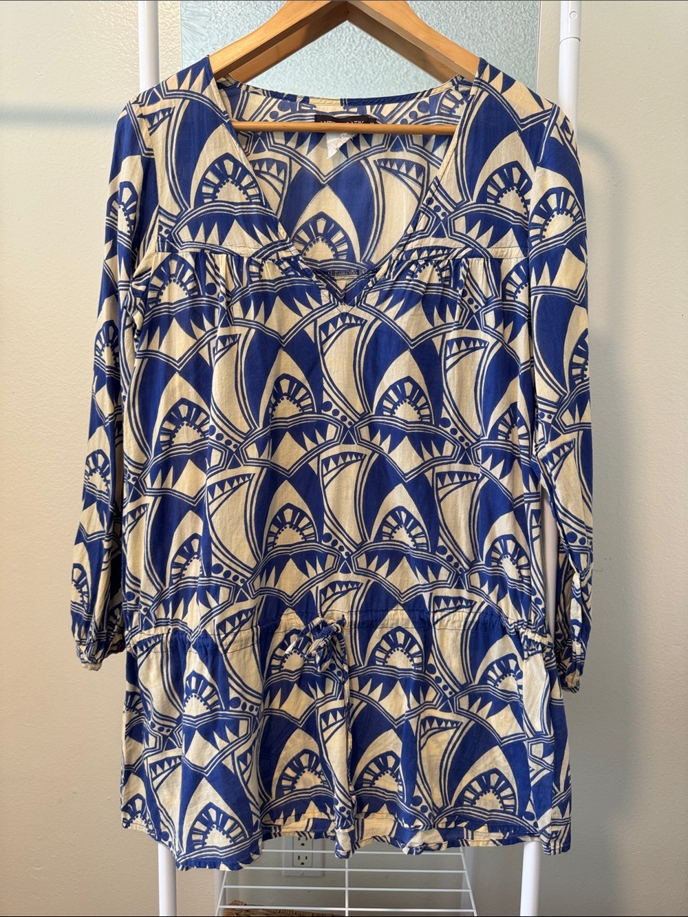 Vintage Batik Geometric-PrintTunic Blouse Medium Drawstring Waist